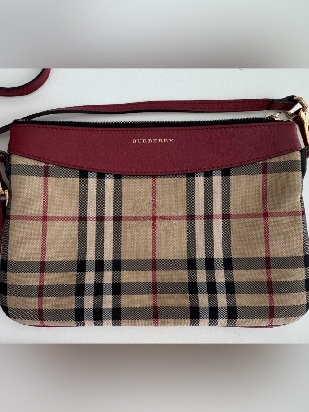 Burberry Beige Check Tote with Red Leather Trim